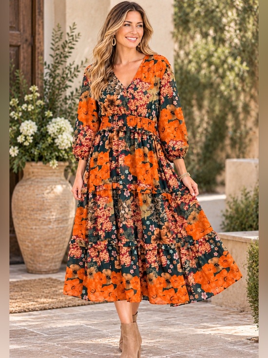 Polagram Dresses & Skirts - Polagram NWT Fall Floral Tiered Midi Maxi Dress V Neck Balloon Sleeve